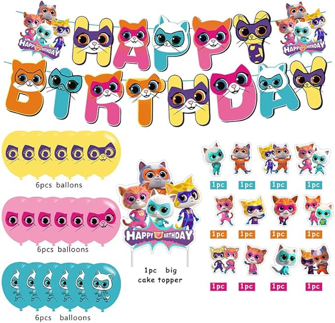 Super Cats Birthday Decorations, Super Cats Party Supplies Include Happy Birthday Banner, Cake Topper and Cupcake Toppers, Balloons for Kids Party Decor