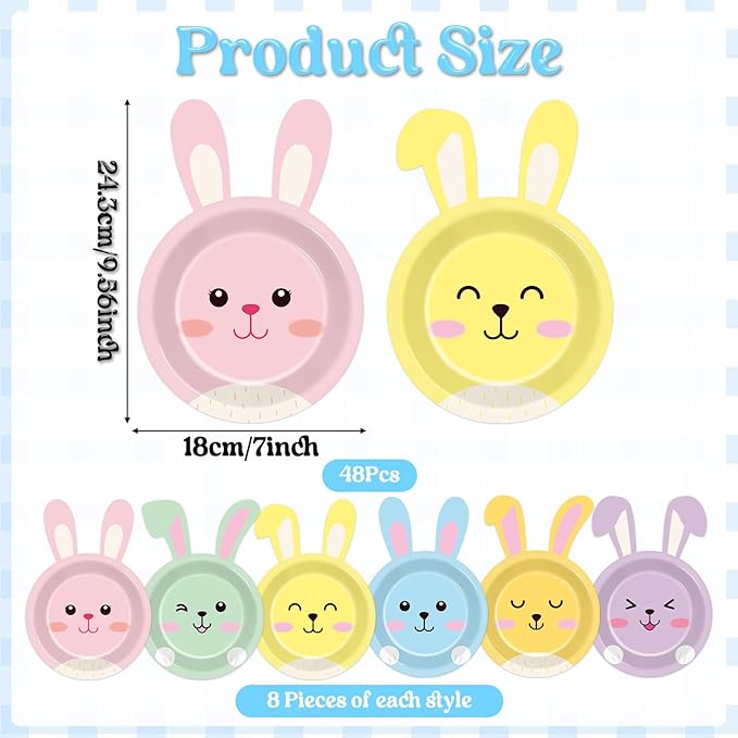 48pcs Easter Bunny Paper Plates Rabbit Tableware Decorations Spring Easter Bunny Shaped Dinnerware Set Rabbit Paper Plates Disposable 7 Inch Dessert Dinner Plates for Party Supplies Decoration