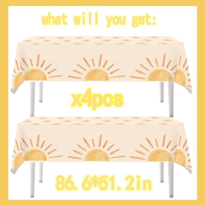 4ps First Trip Around The Sun Birthday Decorations Table Cloths Boho Sun Birthday Party Decor Boho Hippie Sunshine Disposable Plastic Table Covers for Sun Baby Shower Party Supplies Decor(Boho Sun)