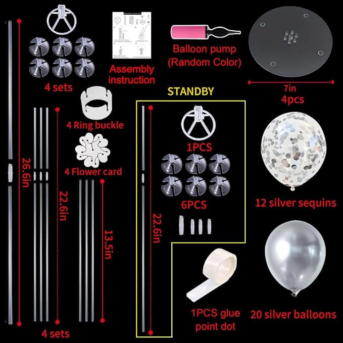 TONIFUL 4 Silver Balloon Stand Centerpiece Table Decorations for 25th Wedding Anniversary Bridal Shower 2026 Graduation Party Decoration, New Year 2026 Christmas Birthday Decorations
