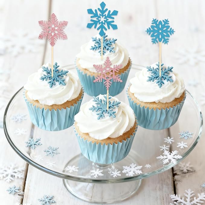 Snowflake Cupcake Toppers, 24 PCS Glitter Winter Frozen Cupcake Picks Cake Decorations, Blue and Pink Snowflake Food Picks Toppers for Christmas Winter Wonderland Baby Shower Party Decoration Supplies