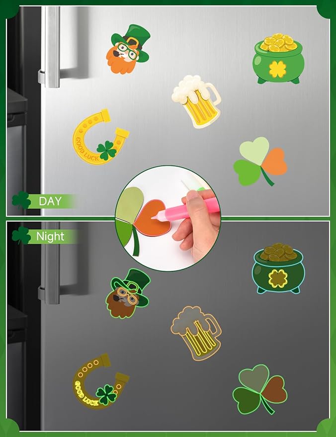 Bafeil 24 Set St. Patrick's Day Crafts for Kids - Color Your Own Art St. Patrick's Day Coloring Craft with Magnets Paints- Non-Toxic DIY Wood Paint Crafts Kits- St. Patrick's Activities for Classroom