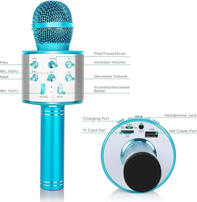 Wireless Bluetooth Karaoke Microphone for Kids, 5-in-1 Portable Handheld Karaoke Mic Speaker Player Recorder with Adjustable Remix for Kids Girls Boys Teens Birthday (Blue)
