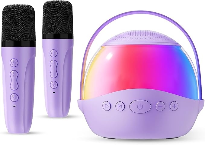 Mini Karaoke Machine Gifts for Kids Adults, Portable Karaoke Speaker with 2 Wireless Microphones, Kids Microphone with Speaker and LED Light, Birthday Gifts for Girls Boys 3-12+ Year Old (Purple)