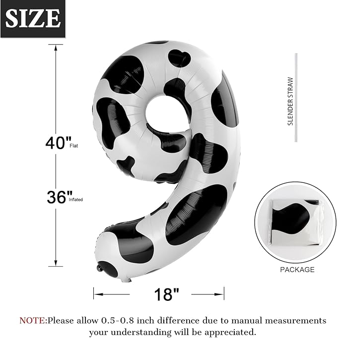 Cow Print Number Balloon Birthday Decorations, 40 inch Number balloon 0-9(Zero-Nine), Cow Balloon for Farm Birthday Party Supplies, Cow Themed birthday party Decorations (Number 9)