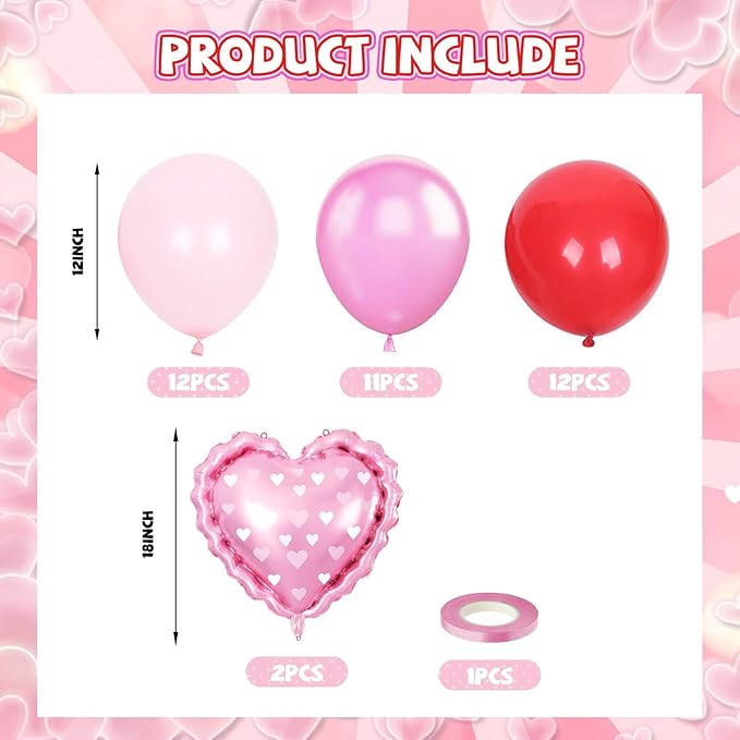 Red and Pink Balloons, Pink Red Pearl Pink Balloons with Heart Foil Balloon for Engagement Anniversary Wedding Party Supplies Valentines Day Decorations