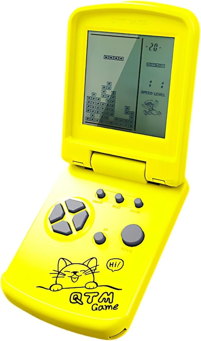 JXD 3.5-Inch Screen Block Game Console with Unique Flip Design Built-in 26 Retro Games Multiple Modes Adjustable Difficulty/Speed Children's Educational Game Toys Christmas (Yellow)