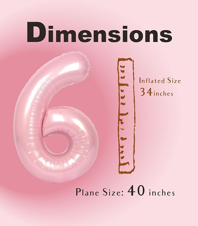 SUWEN 40 Inch Pink Large 6 Number Balloons Big Foil Helium Number Balloons 0-9 Jumbo Happy 6th Mylar Birthday Party Decorations for Girl Anniversary Party Supplies
