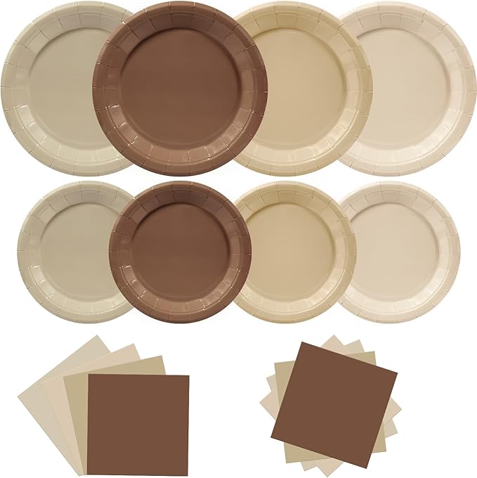 180pcs Gradient Brown Plates and Napkins Party Supplies,Brown Theme Birthday Party Paper Plates and Napkins Set,for Boho Baby Shower Wedding Gathering Party Decorations,Serve 60 Guests