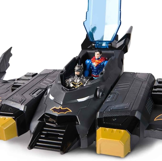 DC Comics, Metal Force Transforming Batwing, 2-in-1 Playset, Includes Batman and Superman Figures, with Projectiles and Character Cards, Kids Toy for Boys Ages 4 and Up