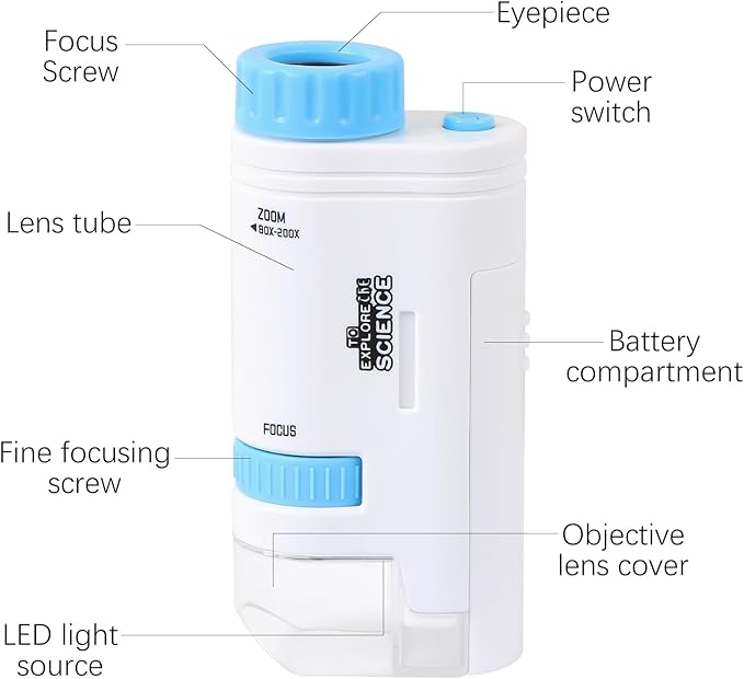 Microscope Pocket Handheld Miniscope 80X-200X Portable Microscope with LED Light for Learning Education Exploring (Blue)