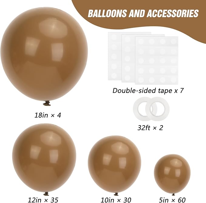 RUBFAC Brown Balloons 129pcs Different Sizes Pack of 18 12 10 5 Inch, Latex Boho Neutral Coffee Tan Balloon Garland Arch Kit for Safari Baby Shower Decorations Jungle Fall Bear Themed Birthday Party