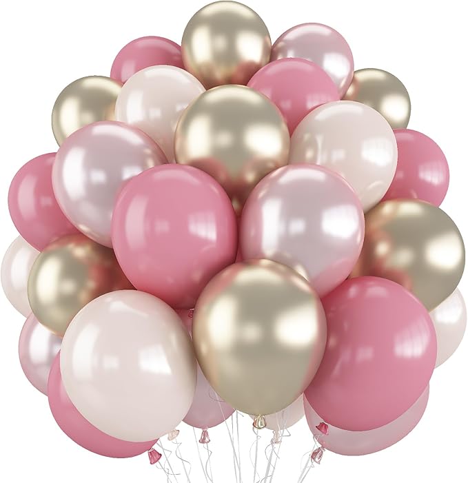 Double Stuffed Dusty Pink Balloons, 50pcs Double Stuffed Pearl Pink Beige Balloon Metallic Gold Balloons for Women Girls Boho Birthday Bridal Baby Shower Wedding Party