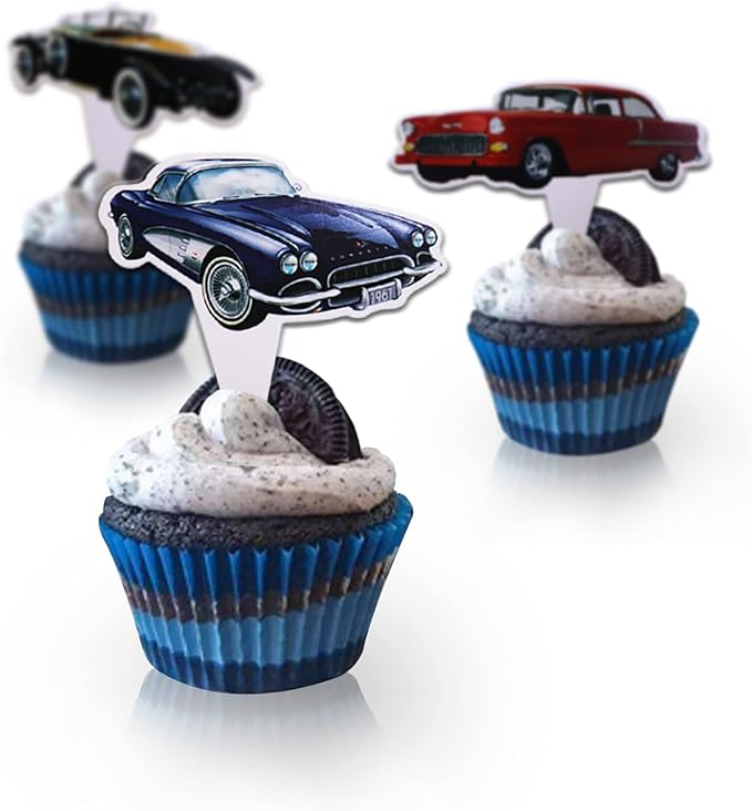 Classic Cars 24 pcs Cupcake Toppers, 1950's Convertible Vintage Car Theme Party Supplies Favors,Cake Picks For Birthday Anniversary Wedding Engagement Party Decorations