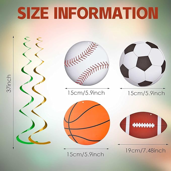 48 Pieces Sports Hanging Swirl Decorations Baseball Basketball Football Soccer Hanging Whirls Ceiling Streamers Colorful Swirls Streamers for Birthday Sport Party Supplies