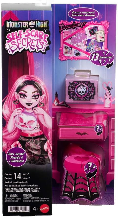 Monster High Self-Scare Secrets Draculaura Doll and Accessories Set with 13 Realistic Surprises Like Working Face Roller and Customizable Mood Board