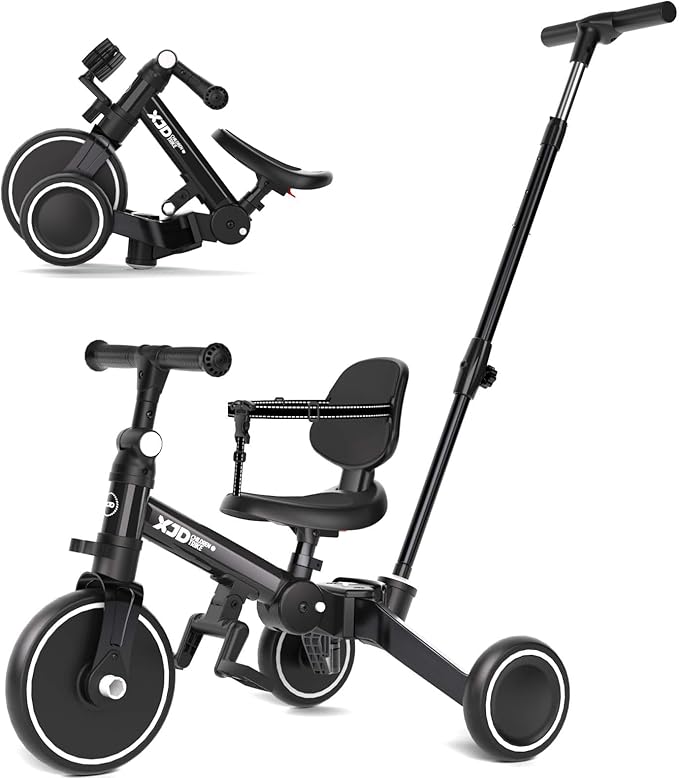 XJD Toddler Bike, 6 in 1 Folding Toddler Tricycle for 1-4 Year Old with Parental Control Handle, Balance Bike with Removable Pedal, Backrest, Adjustable Seat Height, First Birthday Gifts (Black)