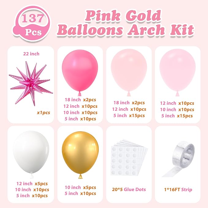 137Pcs Pink and Gold Balloons Garland Arch Kit with Stars - 5 10 12 18 inch Light Pink White Gold Latex Balloons for Birthday Baby Shower Bridal Shower Wedding Valentine’s Party Decorations