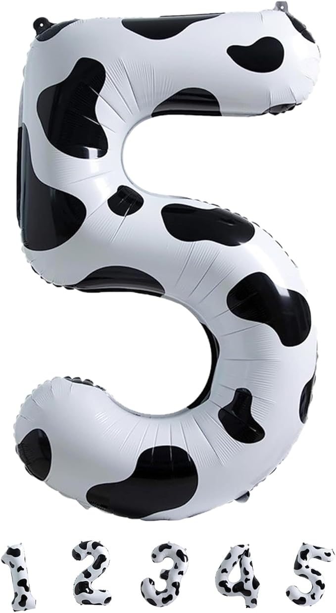 Cow Print Number Balloons 5 for Kids, 40 Inch Foil Large Number 5 Self Inflating Balloon for Boys Girls 5th Birthday Decorations Farm Animal Theme Cowboy Cowgirl Theme Party Decoration Supplies