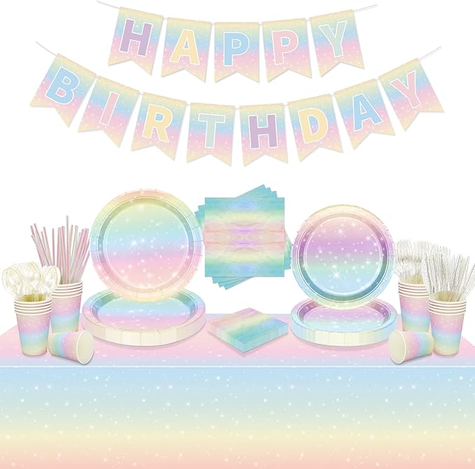 Pastel Rainbow Birthday Party Supplies, Includes Happy Birthday Banner, Tablecloth, Plates, Napkins, Cups, Knives, Forks, Spoons, Straws for Girls Birthday Party Decorations, Serves 20 Guests