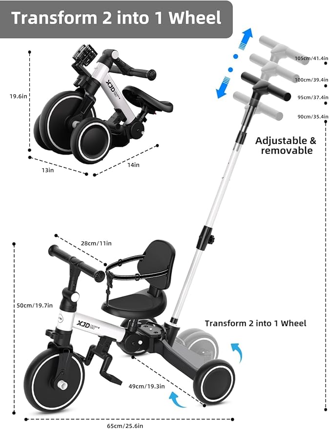 XJD Toddler Bike, 6 in 1 Folding Toddler Tricycle for 1-4 Year Old with Parental Control Handle, Balance Bike with Removable Pedal, Backrest, Adjustable Seat Height, First Birthday Gifts (White)