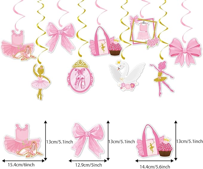 Zwiebeco Pink Gold Ballerina Happy Birthday Banner Bunting Hanging Paper Swirls Garland Party Decorations for Girls Women Princess-Style Ballet Dancing Themed Bday Decor Accessories Supplies