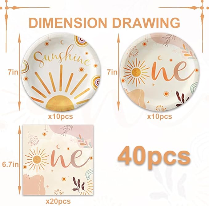 40Pcs First Trip Around The Sun Decorations First Birthday Plates and Napkin Set Girl Disposable Baby Shower Tableware Set Boho Sun 1st Birthday Party Decorations
