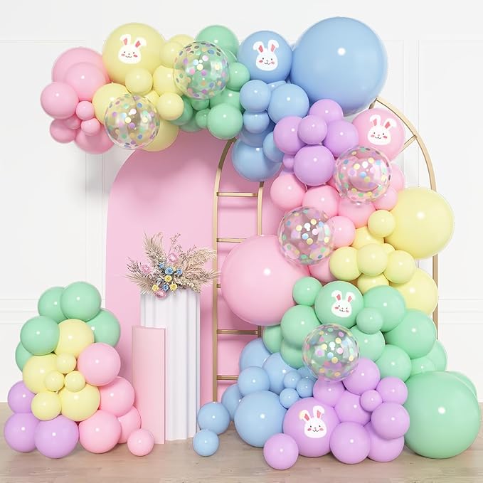 Amandir 153pcs Easter Balloon Arch Garland Kit, Different Sizes 18 12 10 5 inch Pink Blue Green Latex Rabbit Print Confetti Pastel Balloons for Spring Wedding Rainbow Birthday Party Decorations