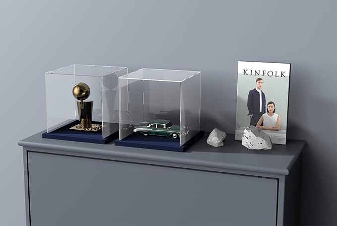 Acrylic Display Case with Navy Blue Velvet Base, 6 Inch x 7 Inch Simple Self-Assembly Clear Acrylic Box with Lid, Cube Countertop Box for Display, Collectibles, Home (6x6x7.87 inch)