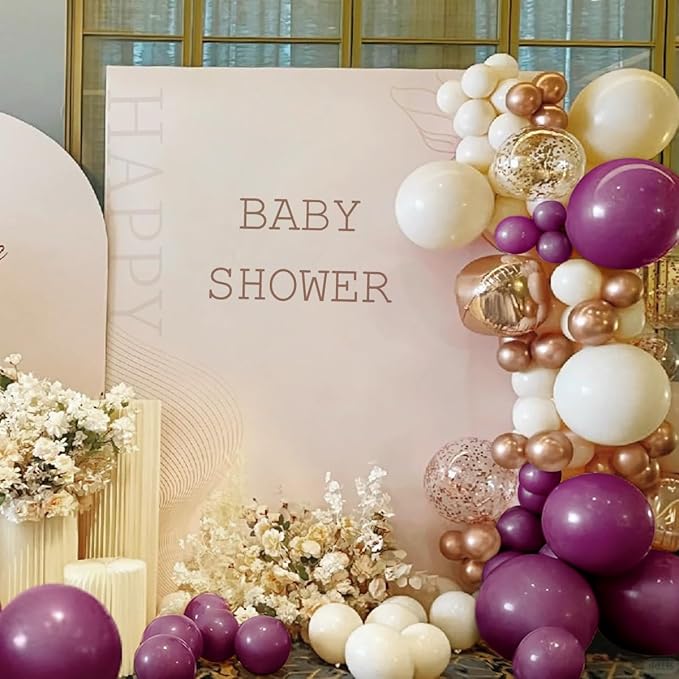 Plum Purple White Gold Balloon Arch Kit, 155Pcs Dark Mauve White Sand Rose Gold Balloons Garland for Boho Baby Shower Birthday Wedding Party Decoration