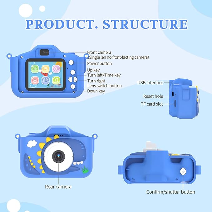 Kids Camera for 3-9 Year Old Boys Girls, Children Digital Camera with Cute Cartoon Soft Cover & 32GB SD Card, Best Christmas Birthday Gifts for Grandkids, Halloween Party Favors for Kids - Blue