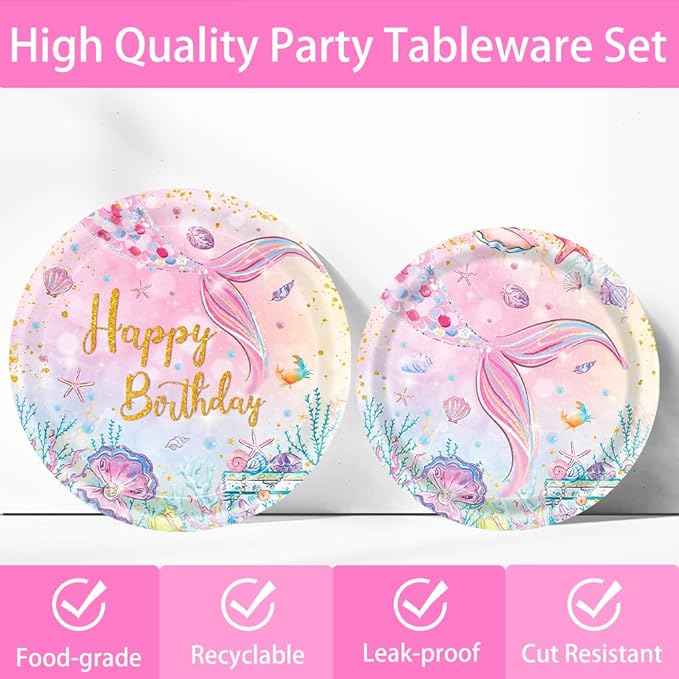 120Pcs Mermaid Birthday Party Plates Under the Sea Ocean Paper Disposable Tableware Set for Girls Kids Birthday Party Decorations Serve 24