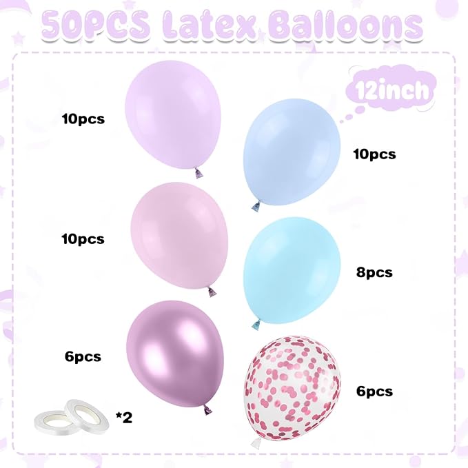 Pastel Pink Blue Purple Balloons, 50pcs Metallic Pearl Latex Balloons Birthday Balloon for Girls Birthday Decoration Baby Shower Party Supplies