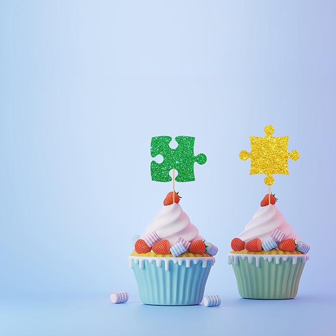 24pcs Puzzle Cupcake Toppers, Primary Colored Puzzle Cupcake Toppers, Colorful Glitter Puzzle Cake Decoration for Baby Shower, Kids Birthday/Autism Themed Party Supplies