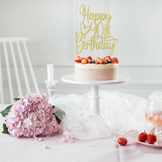 Gold Glitter Happy 90th Birthday Cake Topper - Cheers to 90 Years Cake Topper, 90 & Fabulous Cake Decoration for Hello 90th Birthday Anniversary Party Cake Decorations Supplies