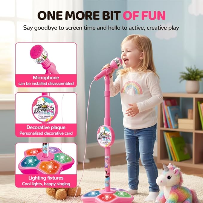 Kids Microphone with Stand, 2026 New All-in-One Microphone Toy, Multifunctional Singing Toy for Birthday Parties, Portable Karaoke Microphone Toy for Kids (Black)