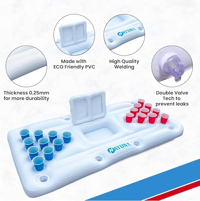 NAYUNA Floaty with Cooler & 20 Party Cups - Inflatable Pool Table Summer Party Pool Games Accessories for Adults 6 Feet Inflatable Pool Lounge Float, 4 Ping Pong Balls, 20 Cups