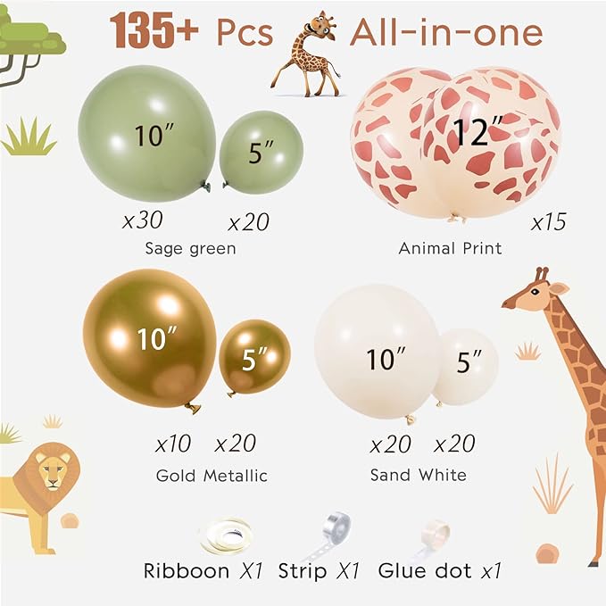 Safari Balloon Garland Kit with Sage Green sand White Gold and Jungle giraffe animal print balloons for Woodland Themed Giraffe Wedding Two Wild One Birthday Party decorations supplies