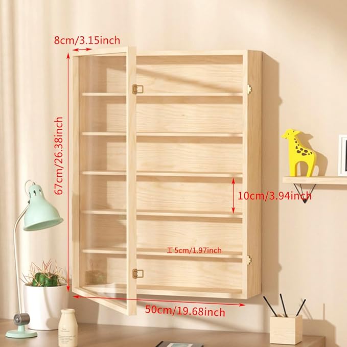 Toy Car Display Case Organizer Storage, 6-Story Solid Wood Wall Mounted Figurine Collection Box with Acrylic Door, Stylish Diecast Car Display Rack for Toy Car, Collectibles, Figurines (50x66.5x8cm)