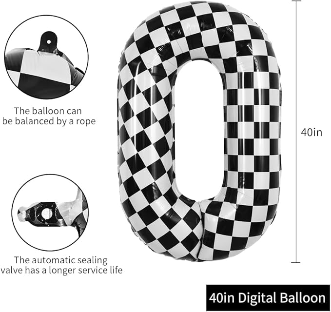 TONIFUL 40 Inch Checkered Number 0 Balloon Race Car Birthday Party Supplies Black and White Large Digital 0 Number Balloon for Girls Boys Birthday Fast Race Car Flag Party Decorations