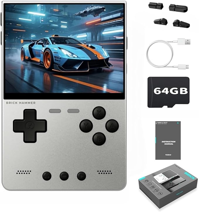 TRIMUI Brick Hammer Retro Handheld Game Console – Metal CNC Aluminum Alloy Body, 3.2" IPS Screen, 8GB Storage, Expandable to 1TB, Built-in 3000mAh Battery Silver-64G