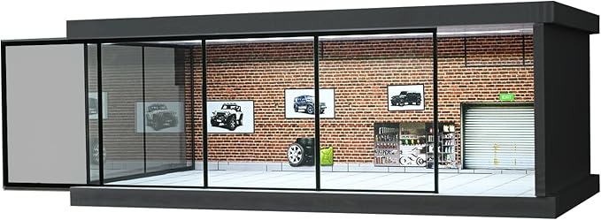 1/64 Diorama Garage Model, LED Lighting City Showroom, 1/64 Scale Diecast Car Parking Lot Storage, Scene Display Case Collection Gift (Red Brick)