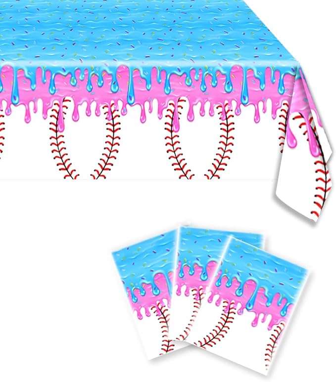 3Pcs Baseball Ice Cream Drip Birtrhday Party Tablecloth |108 x 54 Inch| Ice Cream Drip Summer Themed Plastic Tablecover Party Supplies
