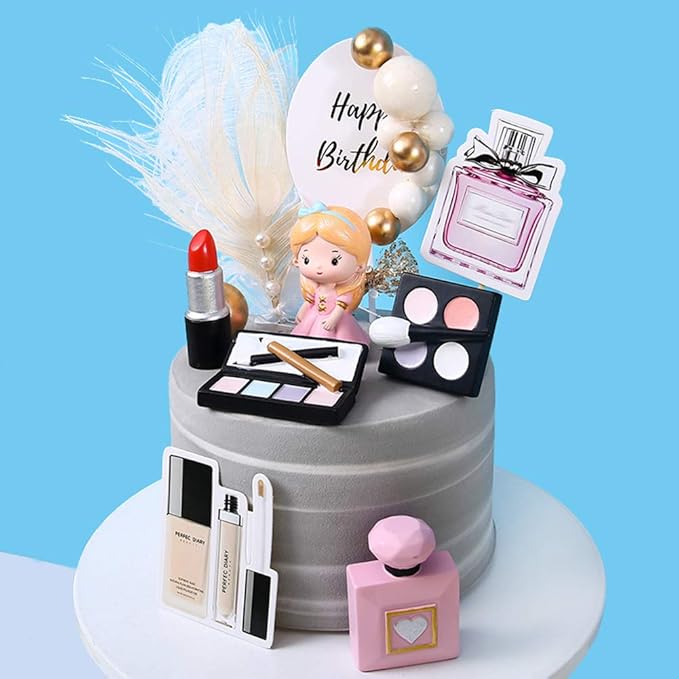 MEMOVAN Makeup Cake Topper 4 Pack, Resin Cosmetics Lipstick Perfume Bottle Eye Shadow Blush Make up Cake Decorations for Bridal Shower Bachelorette Girl Women Spa Salon Themed Birthday Party Supplies