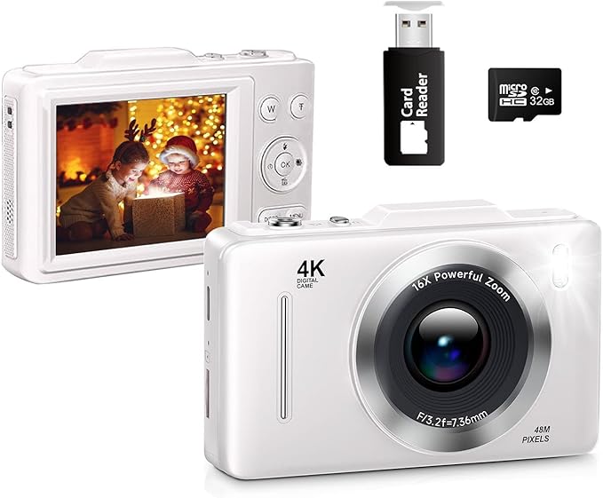 Kids Digital Camera,4800MP Selfie Camera,4K 1080P HD Video,with16X Zoom Anti Shake,Kids Chritmas Birthday Festival Gift - 32G SD Card