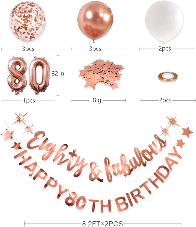 Rose Gold Eighty & Fabulous Happy 80th Birthday Banner Garland Foil Balloon 80 for Womens 80th Birthday Decorations Hanging 80 and Fabulous Cheers to 80 Years Old Birthday Party Supplies Backdrop