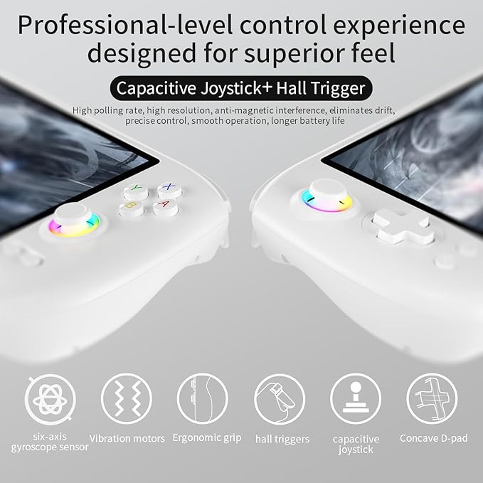 RG557 Retro Handheld Game Console , 5.48 Inch AMOLED Screen Handheld Emulator Android 14 System Dimensity 8300 Processor Support WiFi 6E Bluetooth 5.3(White)