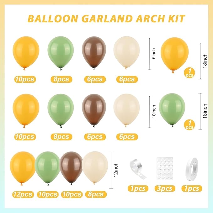 Green Yellow Brown Balloon Arch Kit,Dusty Green Mustard Yellow Brown Sand White Balloons for Kids Boy Safari Jungle Wide Birthday Party Decorations Baby Shower Wedding Cartoon Party Supplies