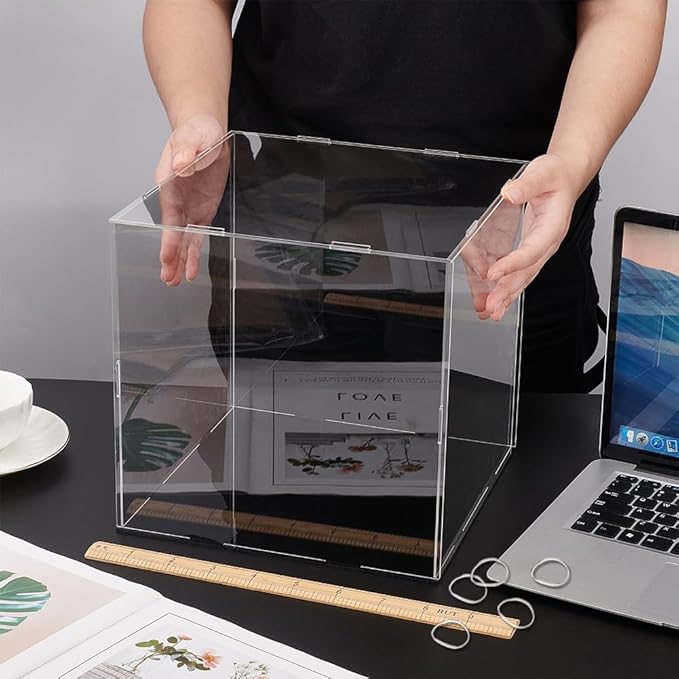 FINGERINSPIRE Clear Acrylic Display Case with Black Base & 4 Pcs Rubber Rings 10x10x10 Inch Cube Clear Self-Assembly Acrylic Box Dustproof Protection Showcase for Action Figures Collectibles Toys