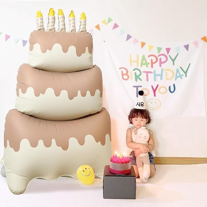 Happy Birthday Cake Foil Standing Balloons 60 Inch,Gaint Three-Tier Matte Caramel Cream Large Happy Birthday Mylar Balloon for Girls Women Boys Kids Baby Shower Birthday Party Decorations Supplies